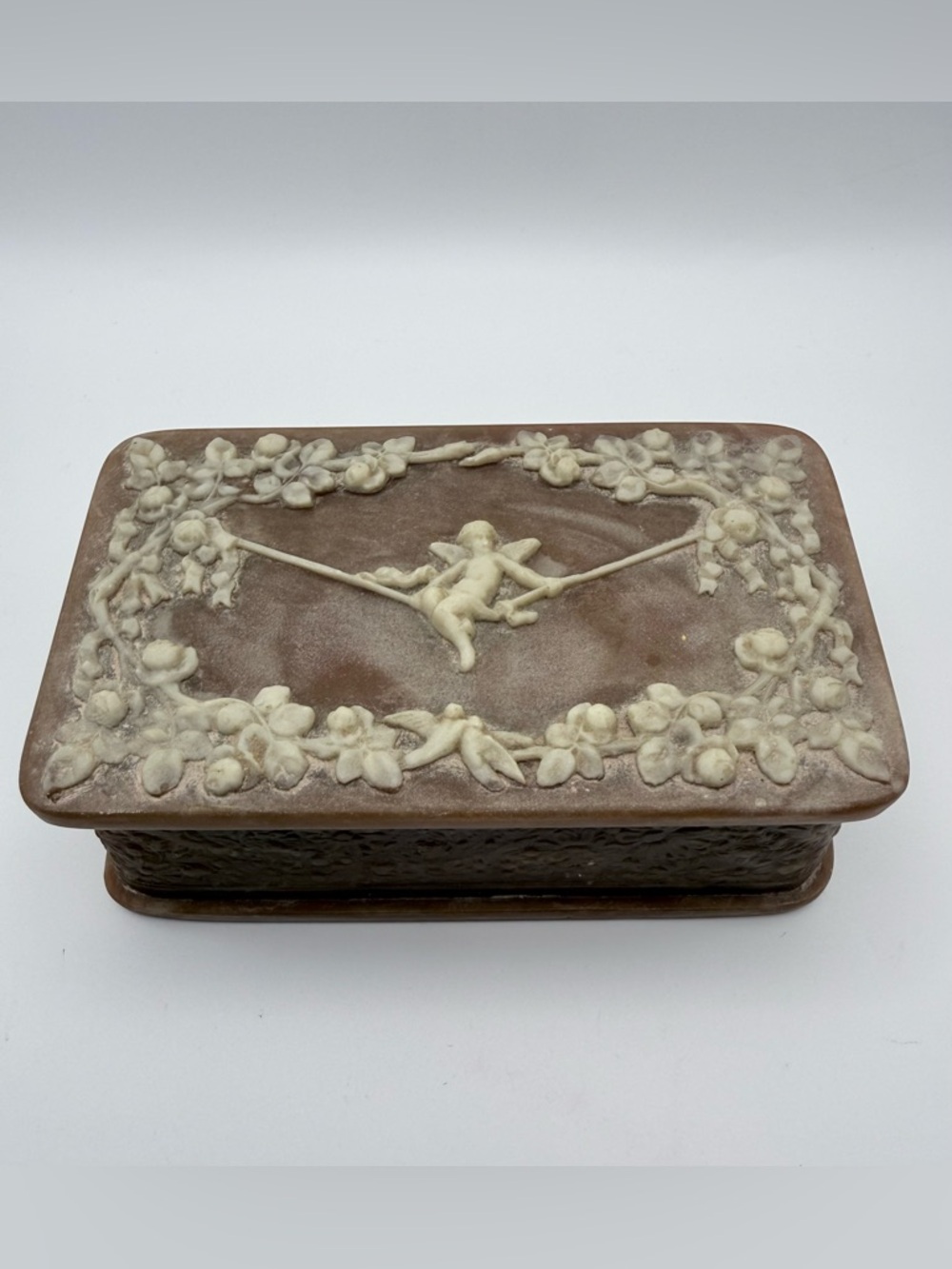 Vintage Incolay Stone Cherub Trinket Box EUC